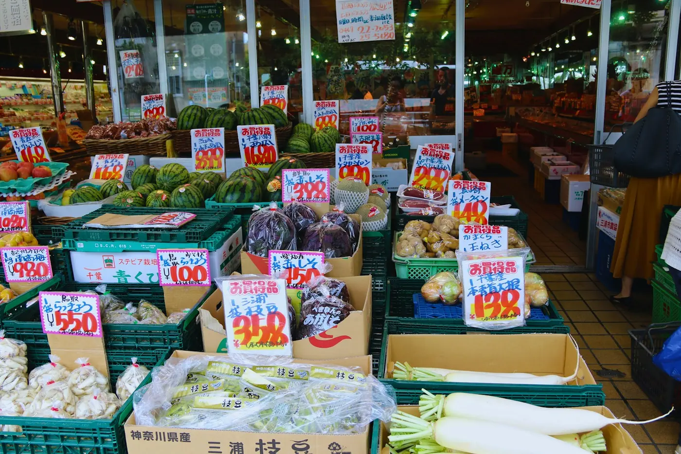 A market with fresh vegetables and price tags