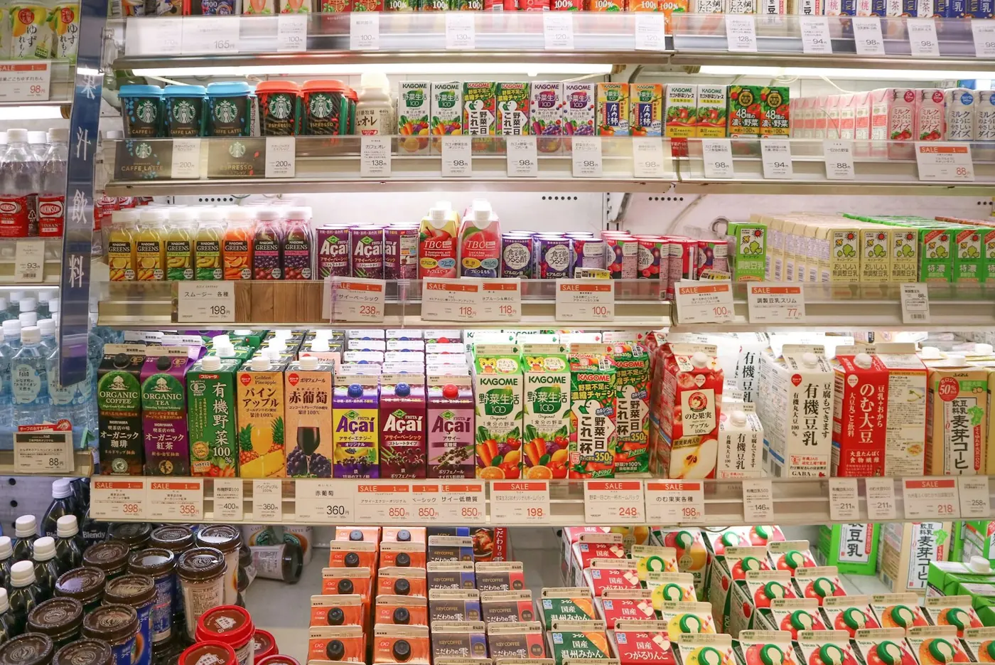 Shelves of drinks and food in a Japanese store