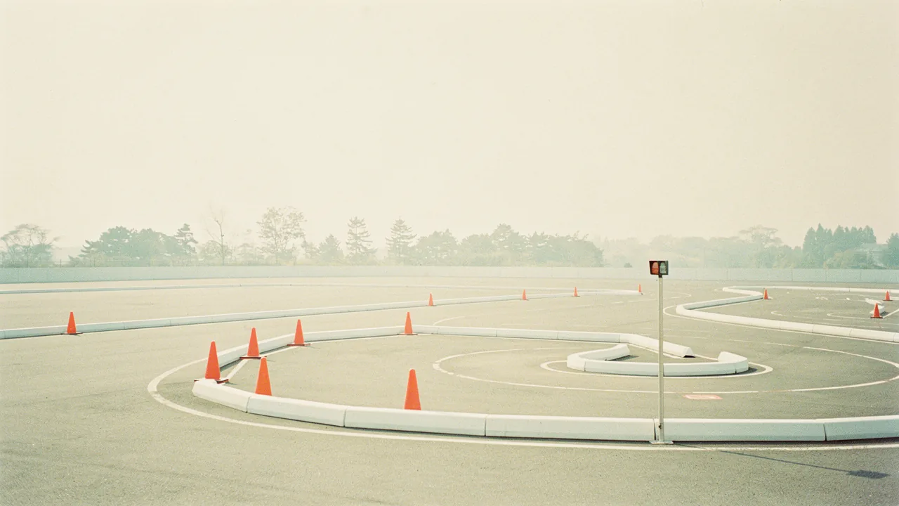 A driving test course with orange cones