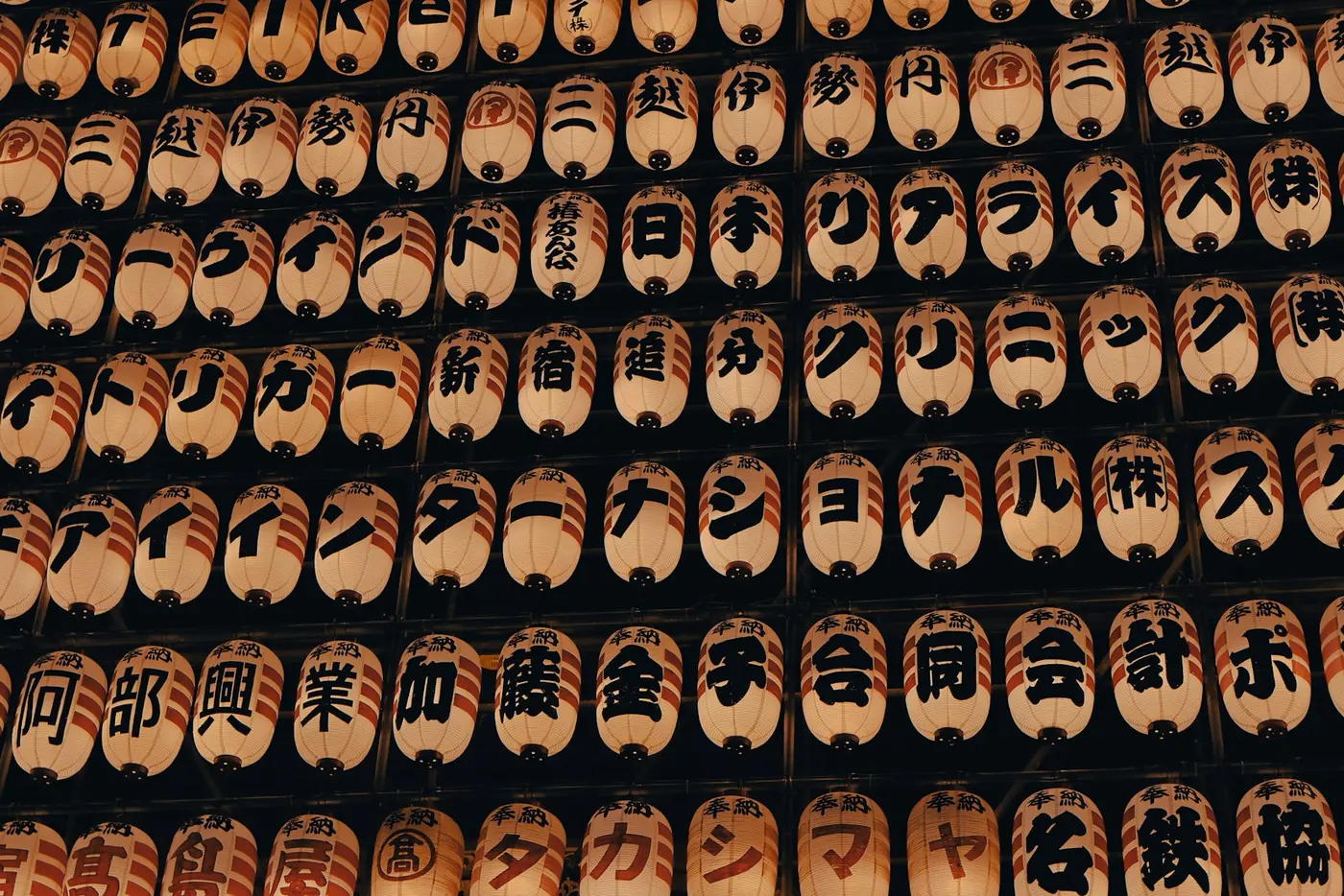 A wall of paper lanterns with Japanese writing