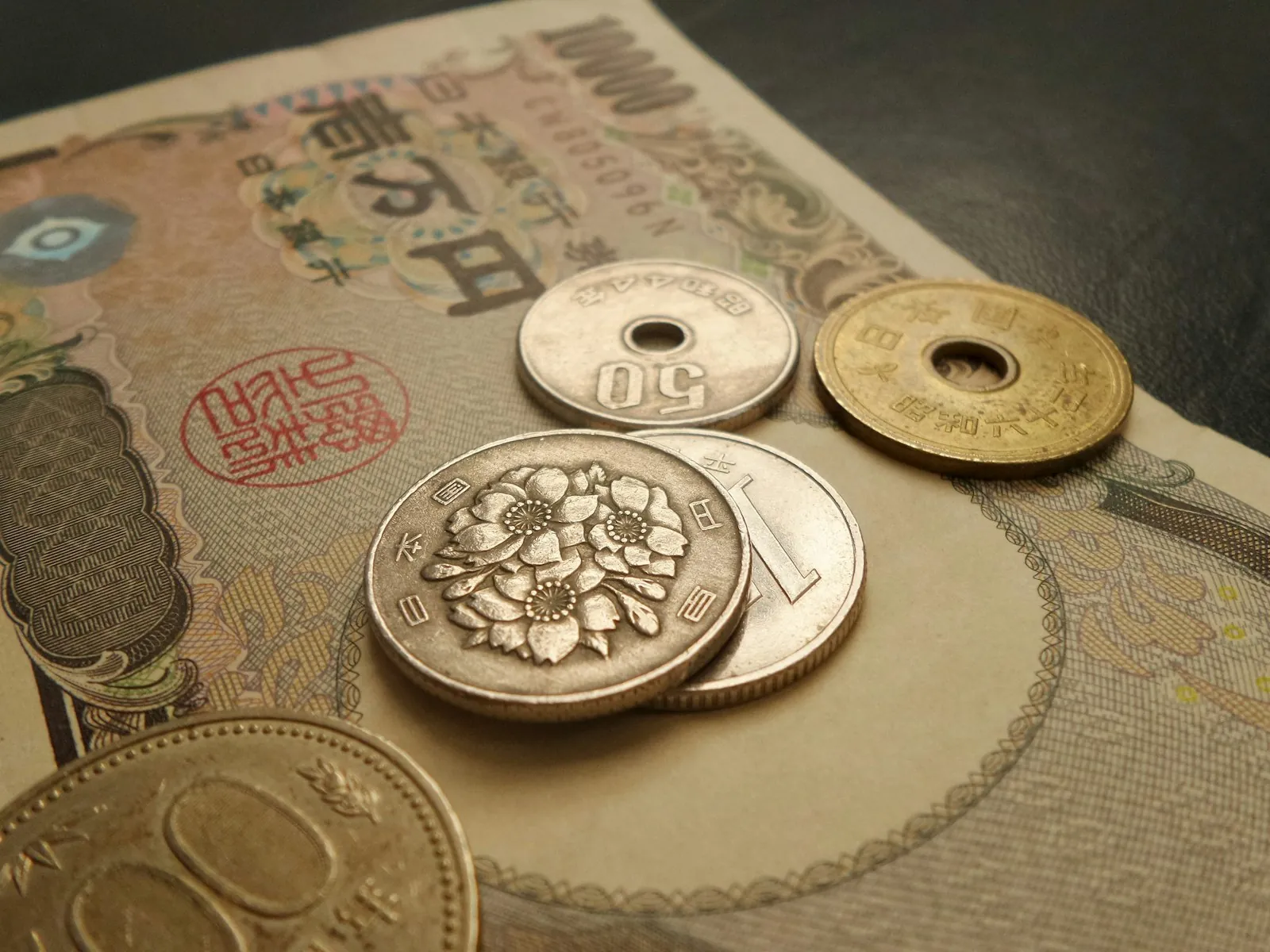 Japanese yen coins on a banknote